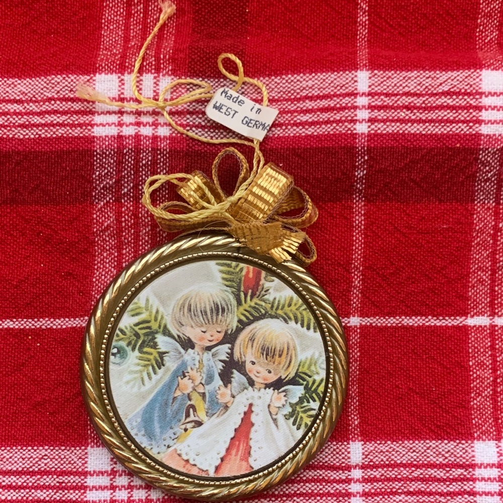 Vintage West Germany Silk Screen Christmas Ornament with Angels